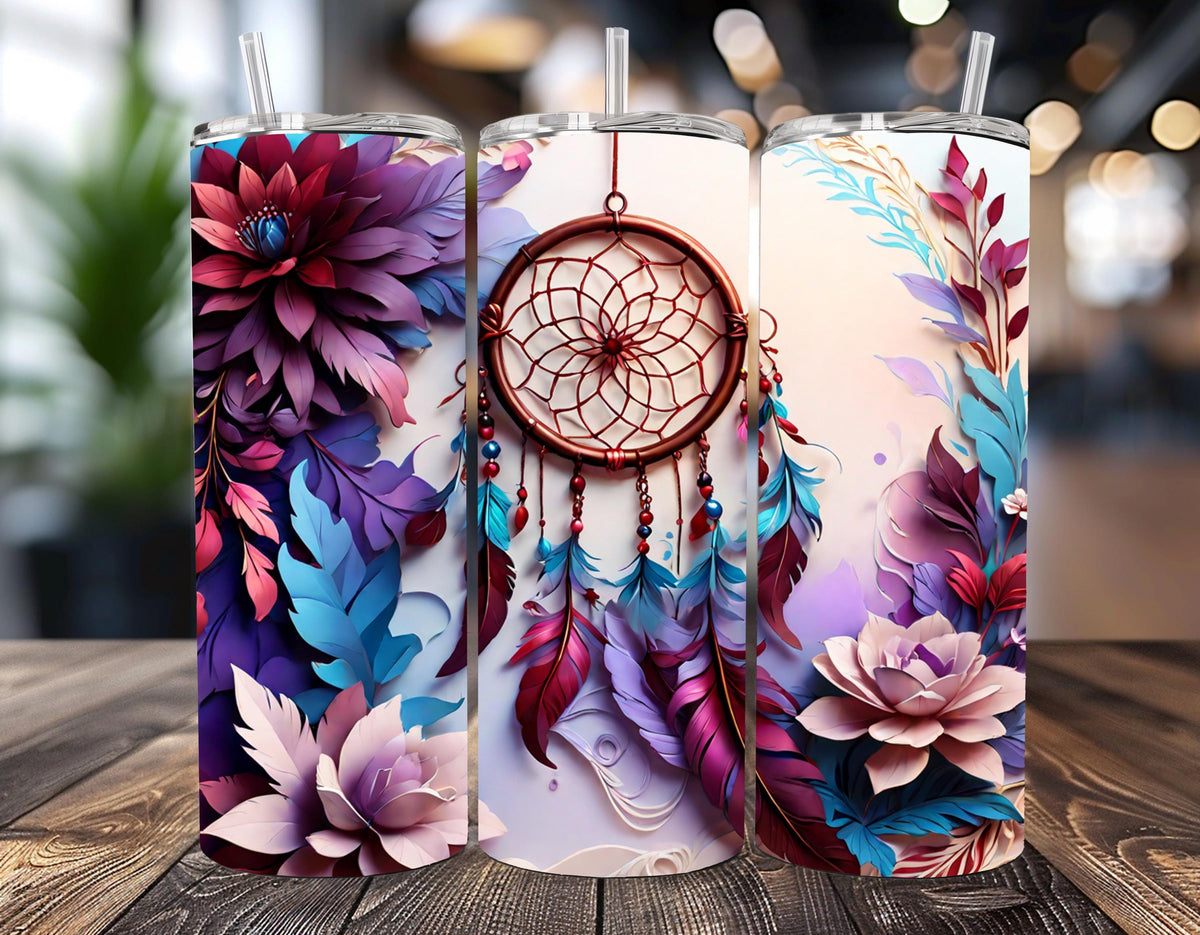 3D Dreamcatcher Floral Tumbler | Purple Teal Boho Travel Mug (20oz)