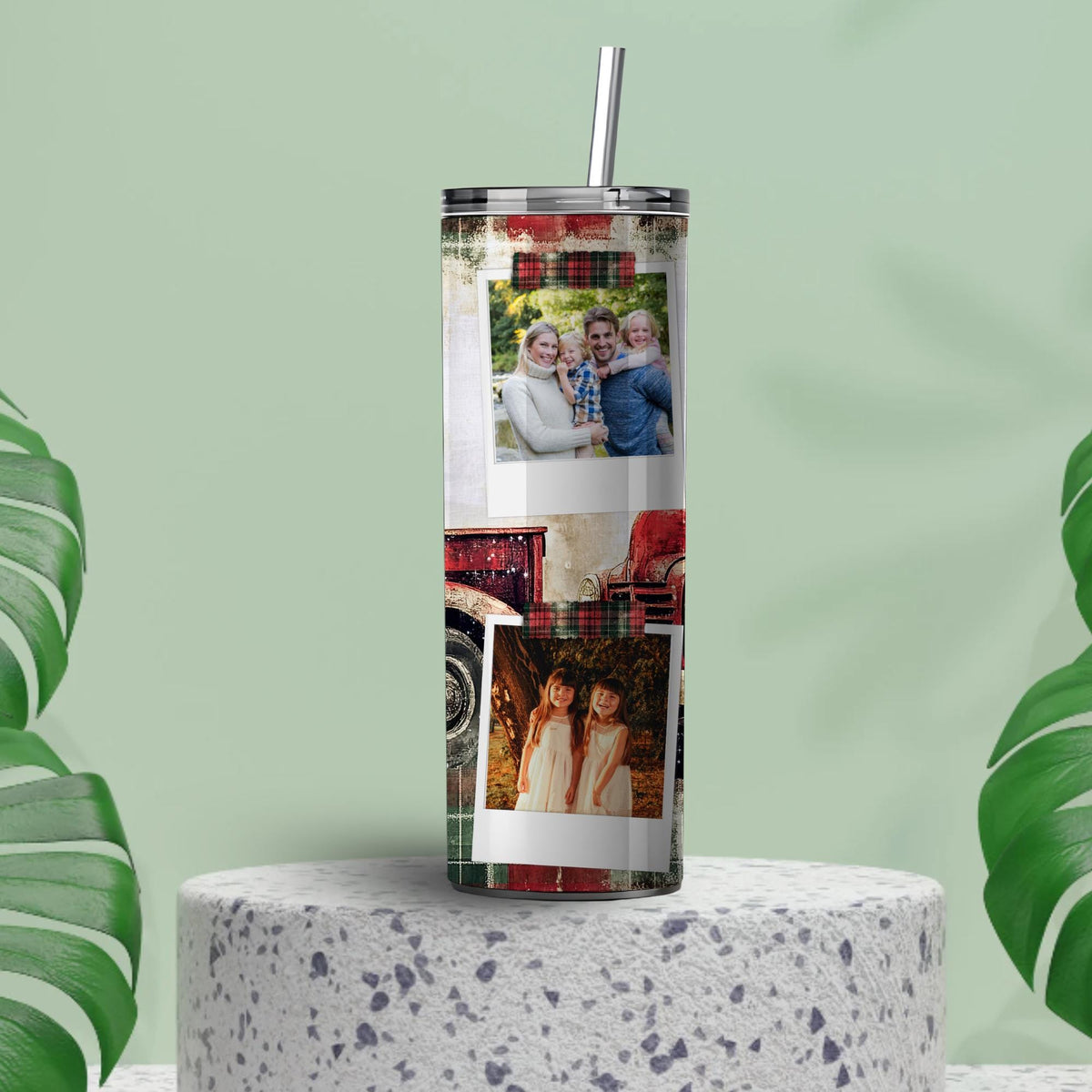 Personalized Polaroid Photo Tumbler | Custom Farmhouse Holiday Mug (20oz)