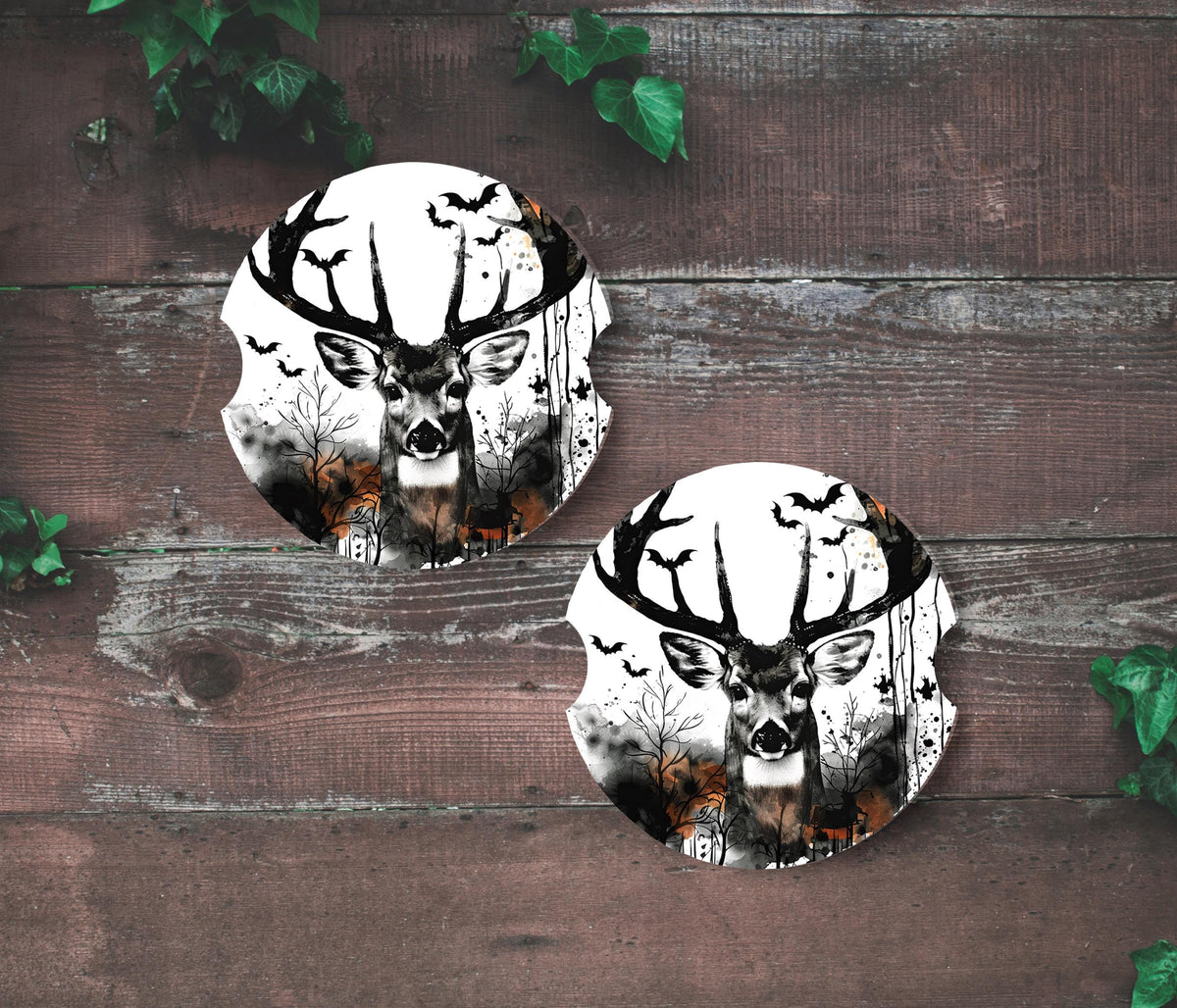 Spooky Whitetail Deer Car Coasters | Gothic Hunting Truck Accessories (2-Pack)