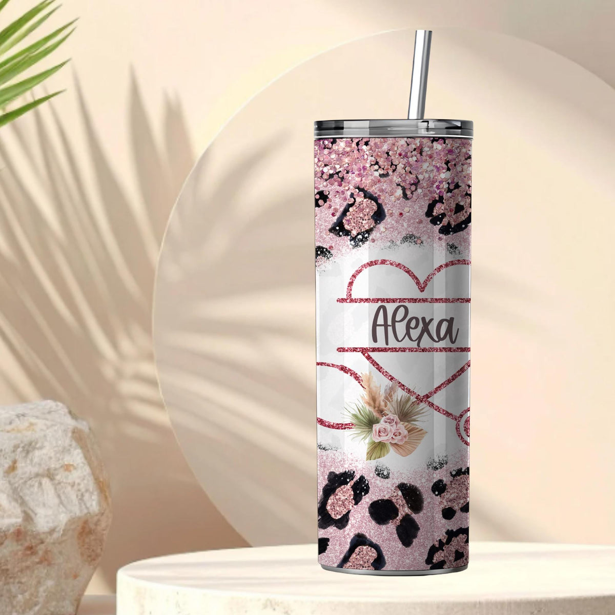 Personalized Nurse Tumbler | Pink Glitter Leopard Print, Stethoscope Heart (20oz)