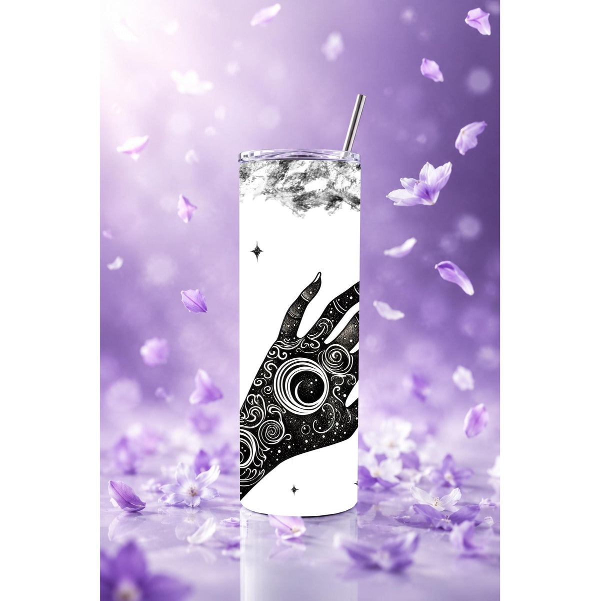 Witchcore Celestial Hand Tumbler | 20oz Skinny Travel Mug (Black & White Line Art)