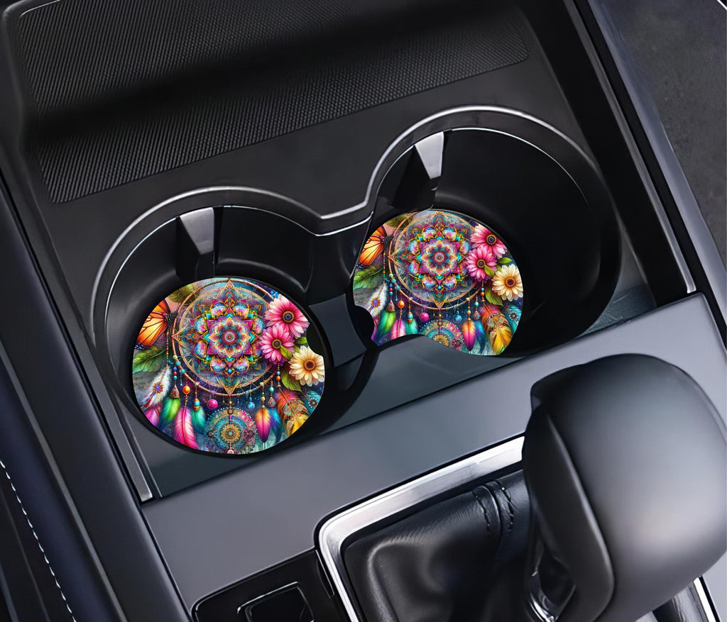 Dreamcatcher Mandala Car Coasters | Boho Feather Cup Holder Mats (2-Pack)
