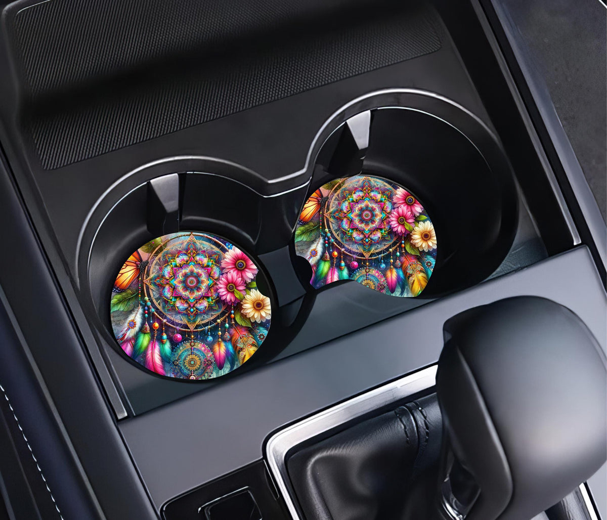 Dreamcatcher Mandala Car Coasters | Boho Feather Cup Holder Mats (2-Pack)