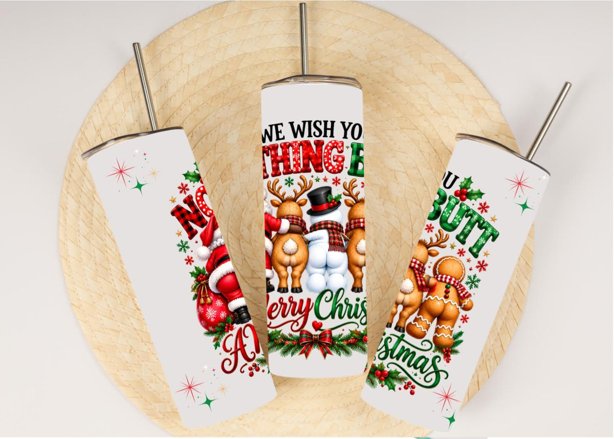 Funny Christmas 20oz Skinny Tumbler Quirky Santa and Reindeer White Elephant Gift