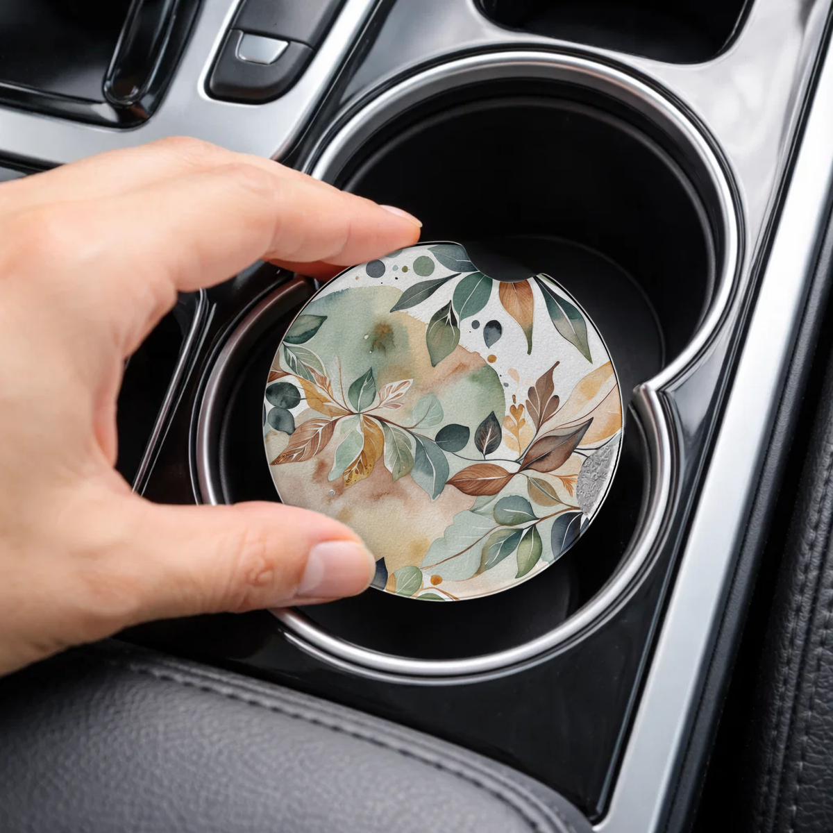 : Watercolor Botanical Car Coaster Set | Earthy Leaves Auto Cup Holder Coasters