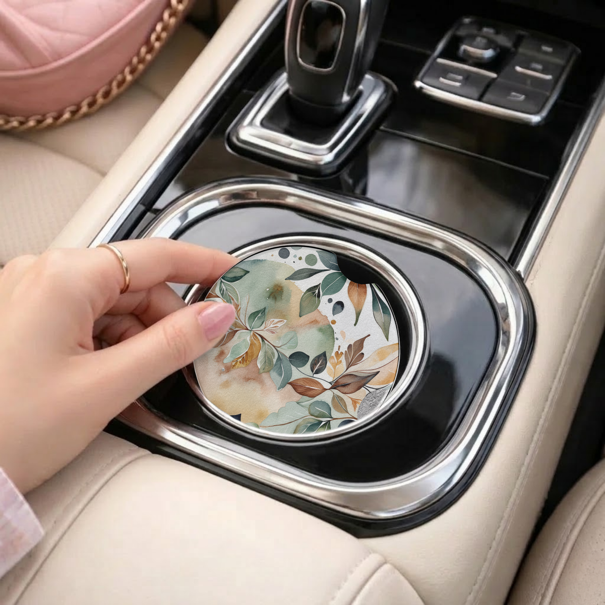 : Watercolor Botanical Car Coaster Set | Earthy Leaves Auto Cup Holder Coasters