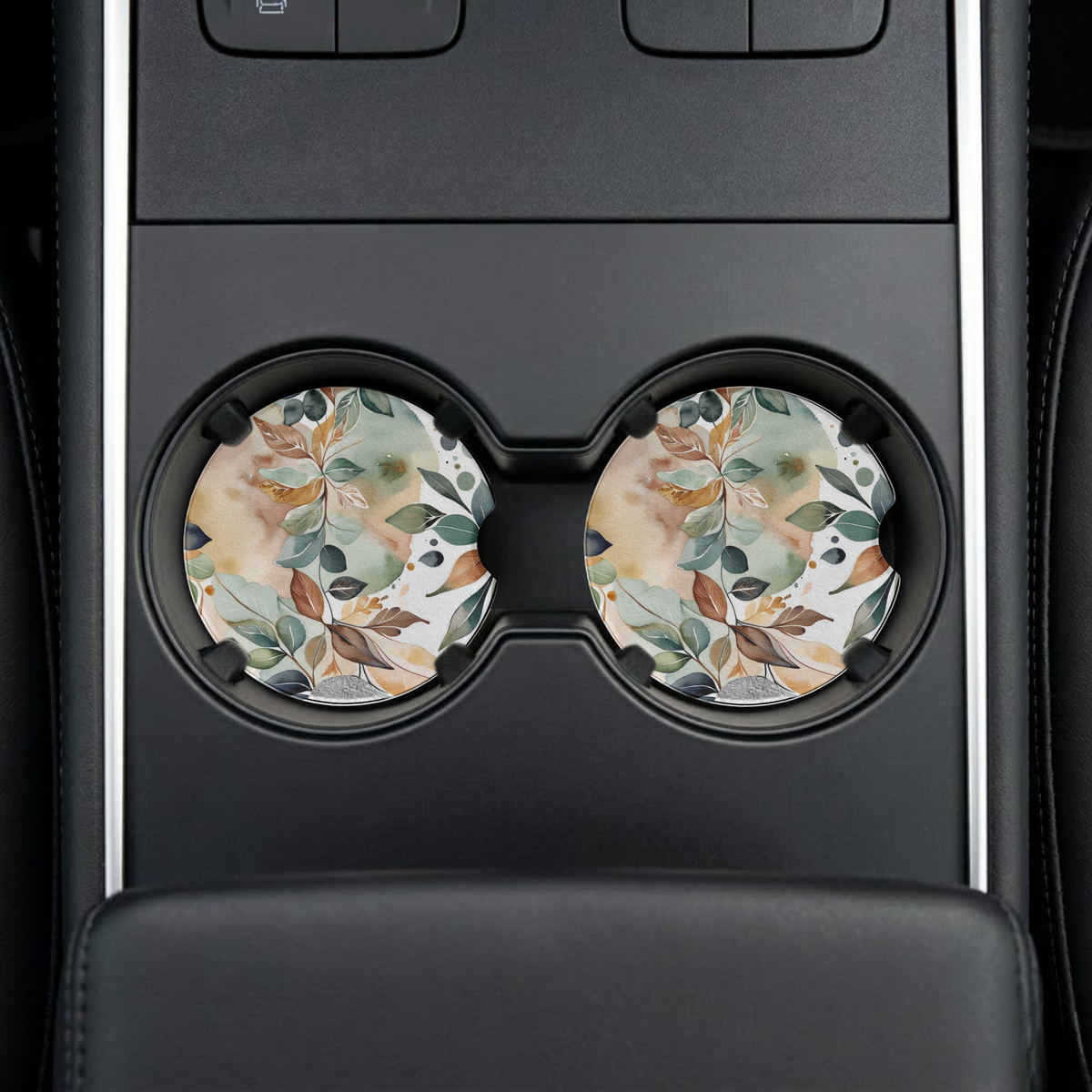 : Watercolor Botanical Car Coaster Set | Earthy Leaves Auto Cup Holder Coasters