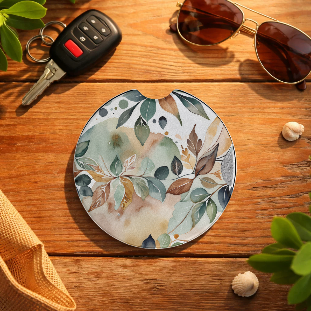 : Watercolor Botanical Car Coaster Set | Earthy Leaves Auto Cup Holder Coasters