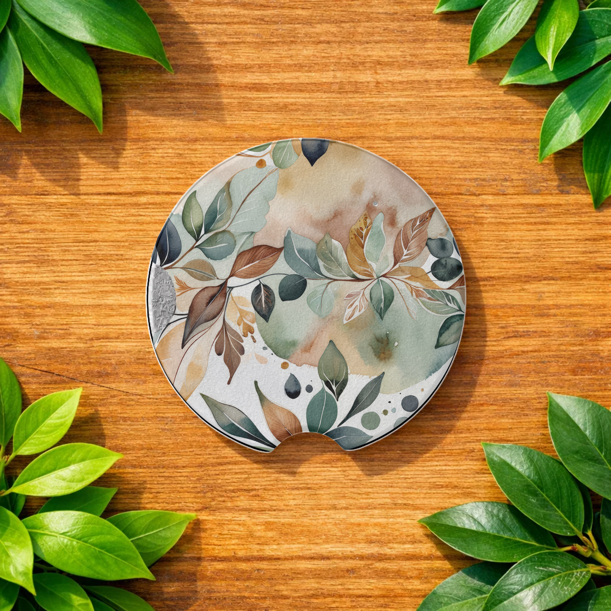 : Watercolor Botanical Car Coaster Set | Earthy Leaves Auto Cup Holder Coasters