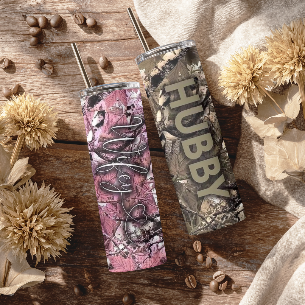 His and Hers Camo Tumbler Set | Wifey and Hubby 20oz Skinny Tumblers