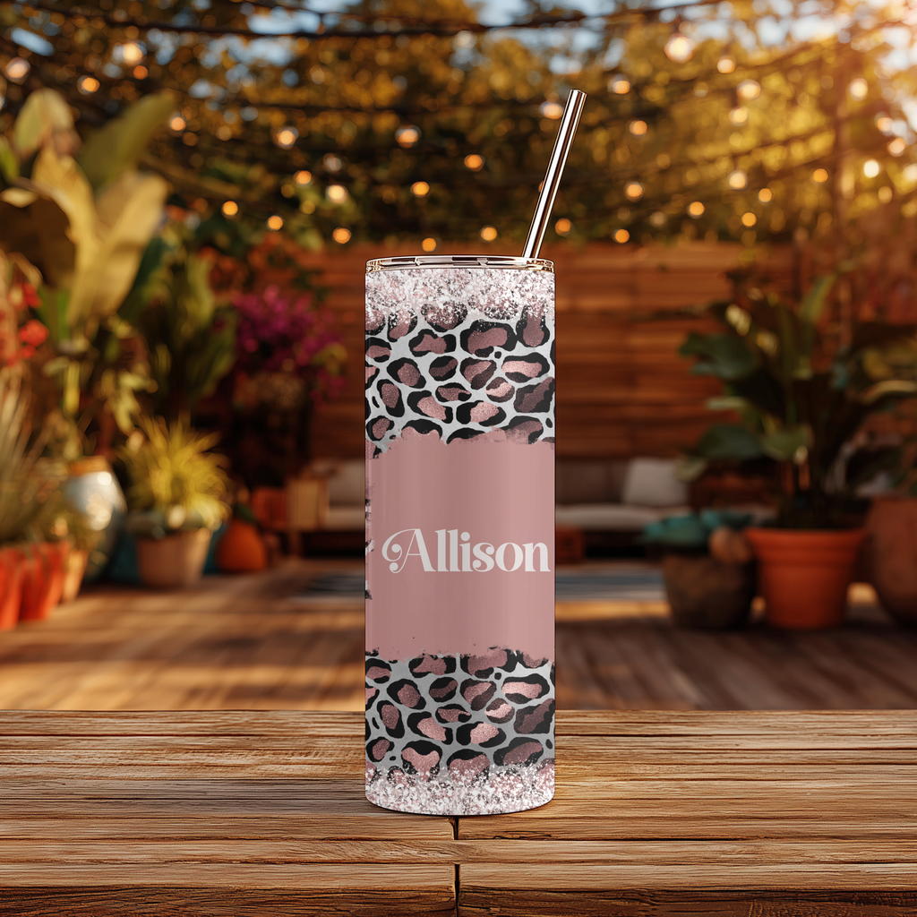 Rose Gold Cheetah Glitter Split Tumbler