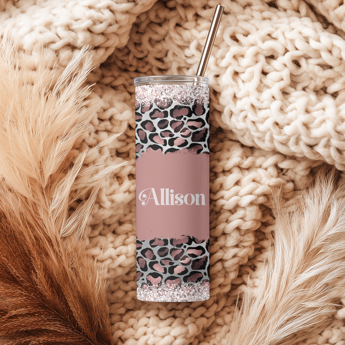 Rose Gold Cheetah Glitter Split Tumbler