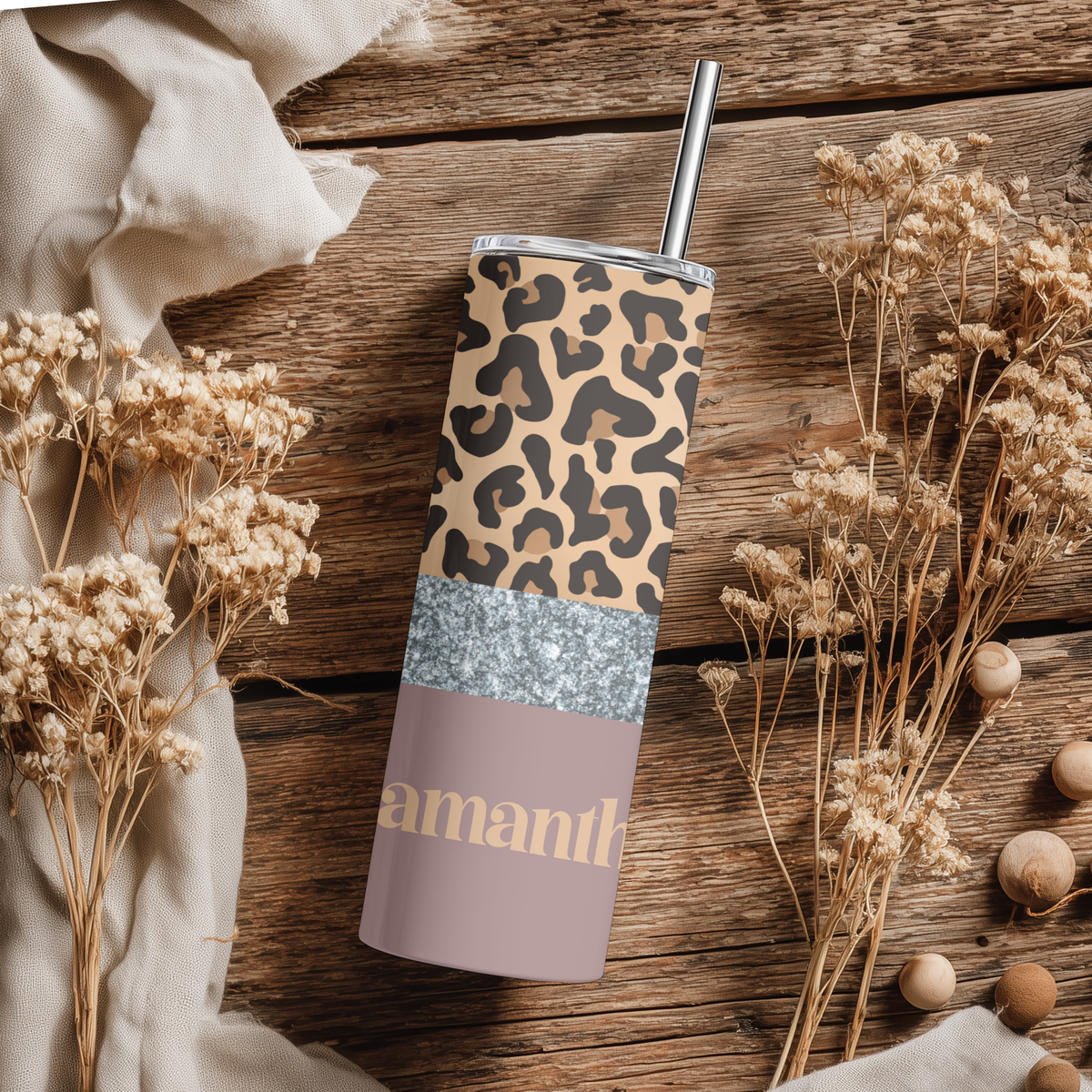 Leopard & Silver Glitter Split Tumbler
