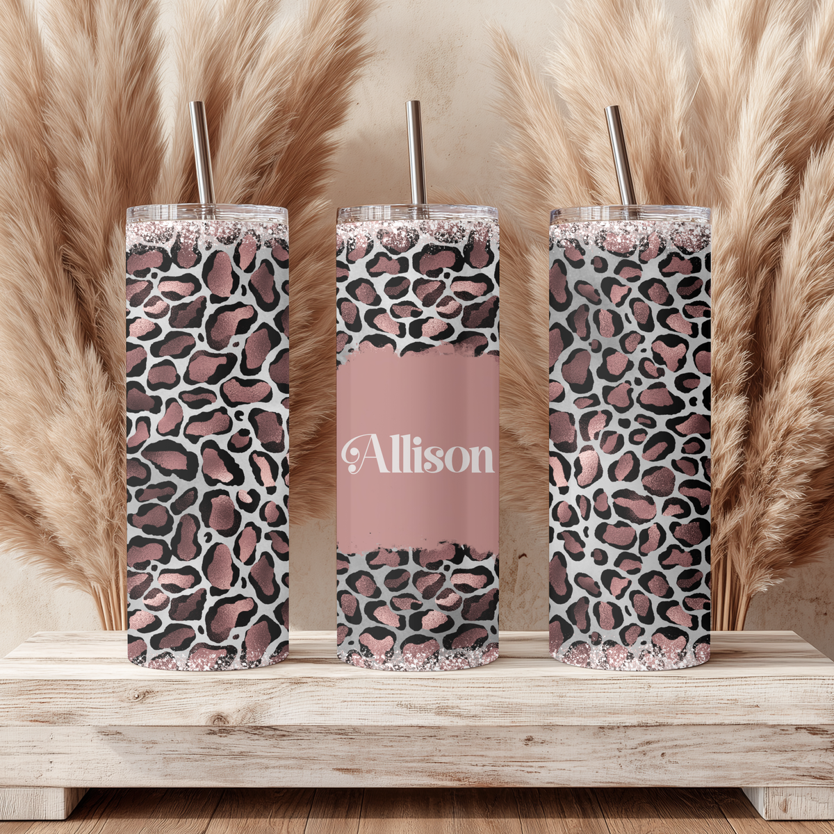 Rose Gold Cheetah Glitter Split Tumbler