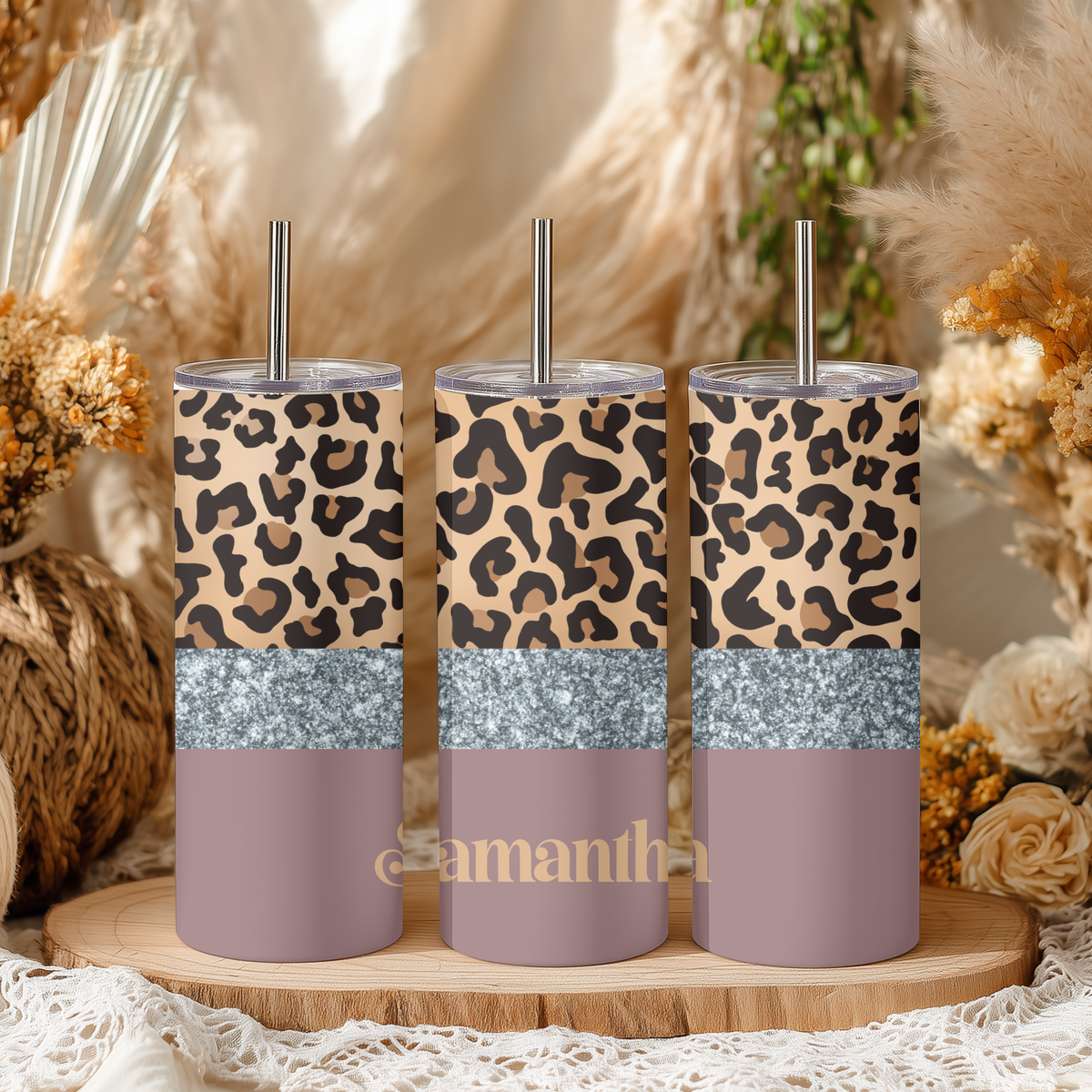 Leopard & Silver Glitter Split Tumbler
