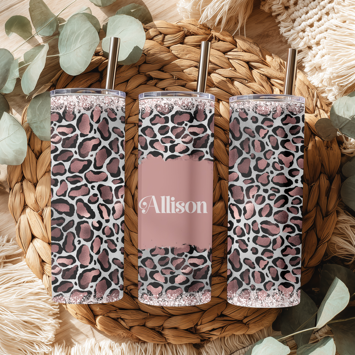 Rose Gold Cheetah Glitter Split Tumbler