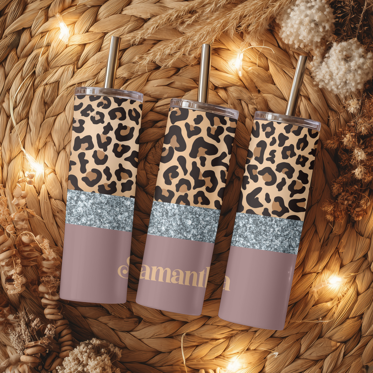 Leopard & Silver Glitter Split Tumbler