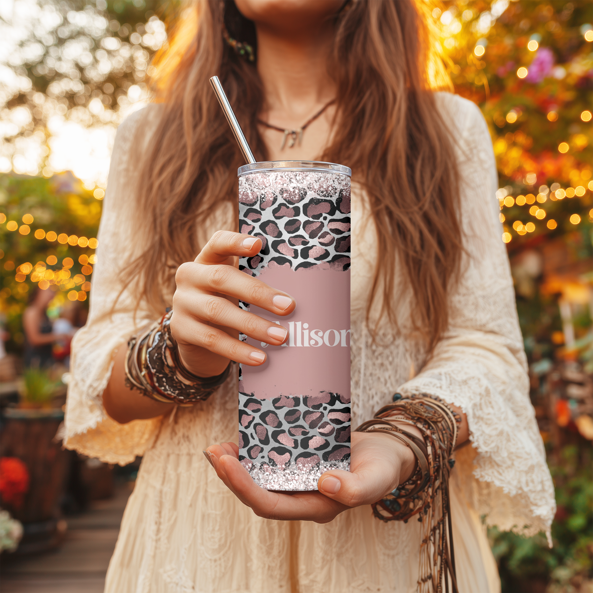 Rose Gold Cheetah Glitter Split Tumbler