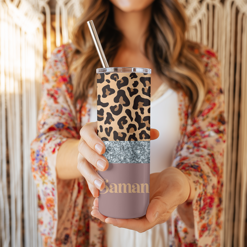 Leopard & Silver Glitter Split Tumbler