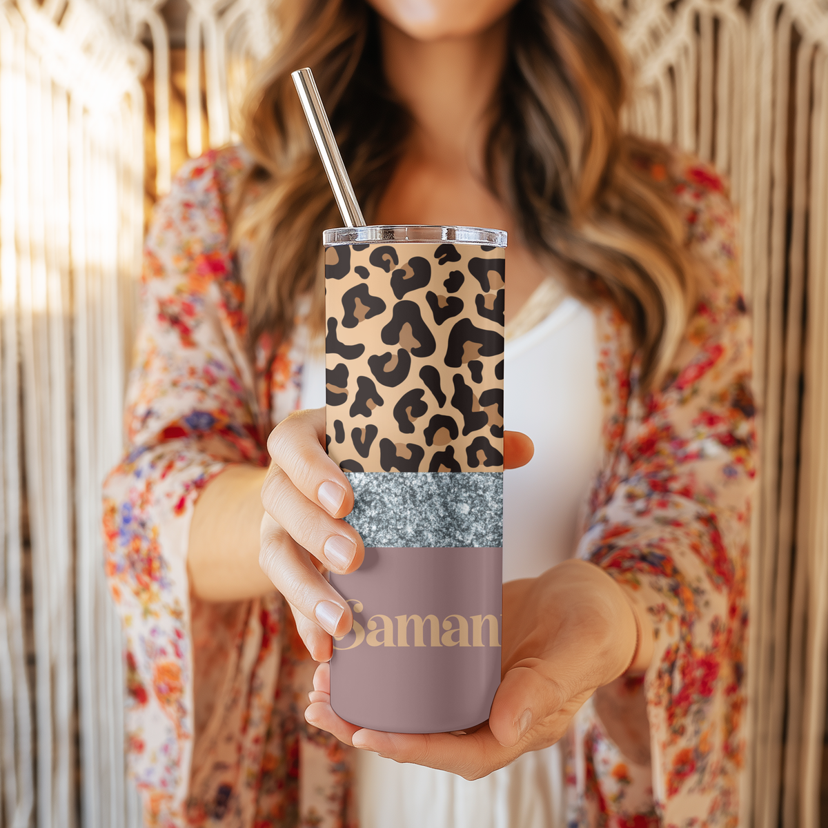 Leopard & Silver Glitter Split Tumbler