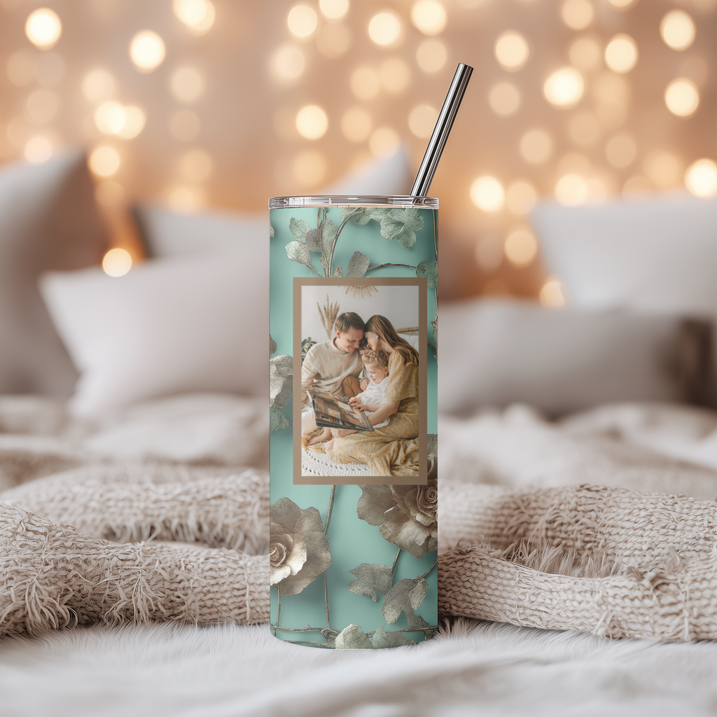 Personalized Photo Custom Vintage Teal & 3D Gold Floral Photo Collage Tumbler