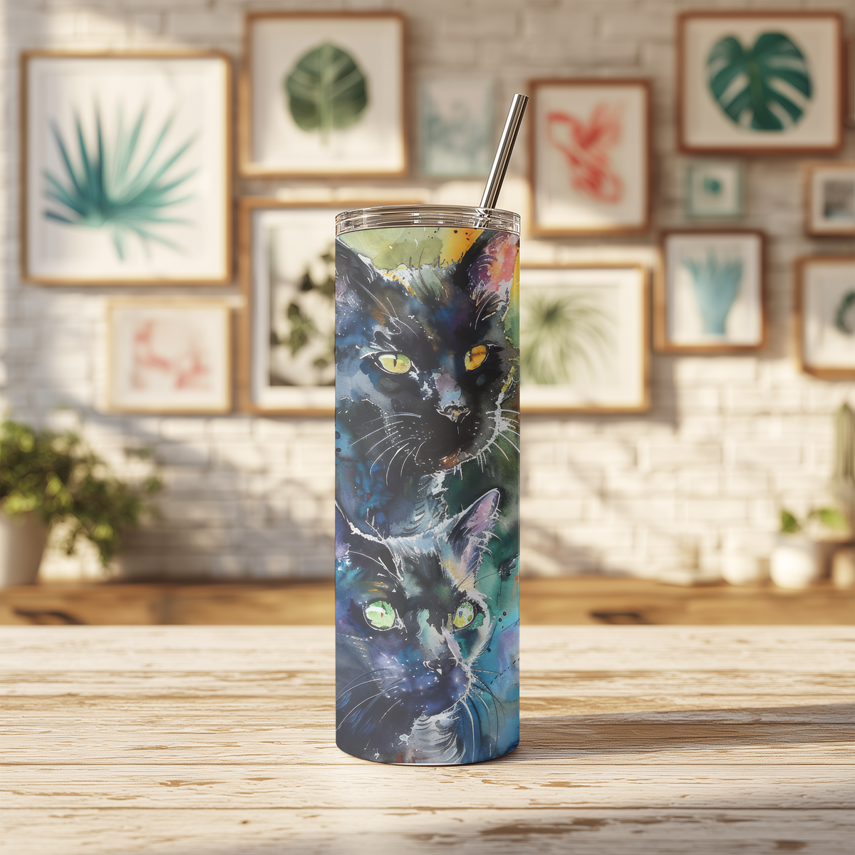 Watercolor Black Cat Abstract 20oz Skinny Tumbler
