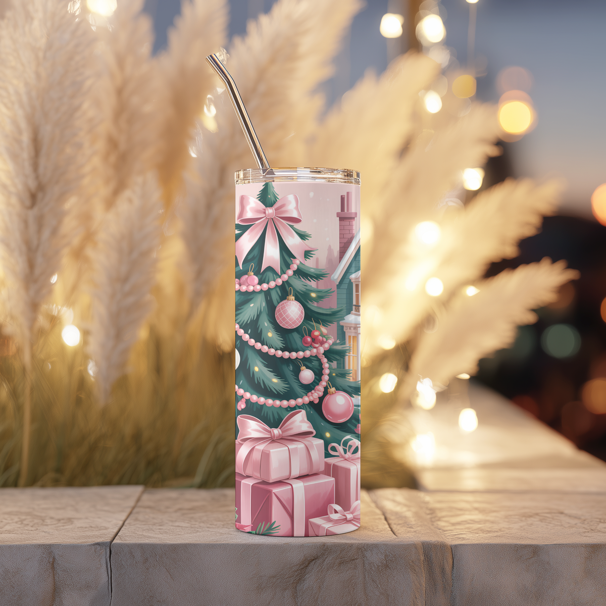 Pink Christmas Village & Gingerbread 20oz Skinny Tumbler