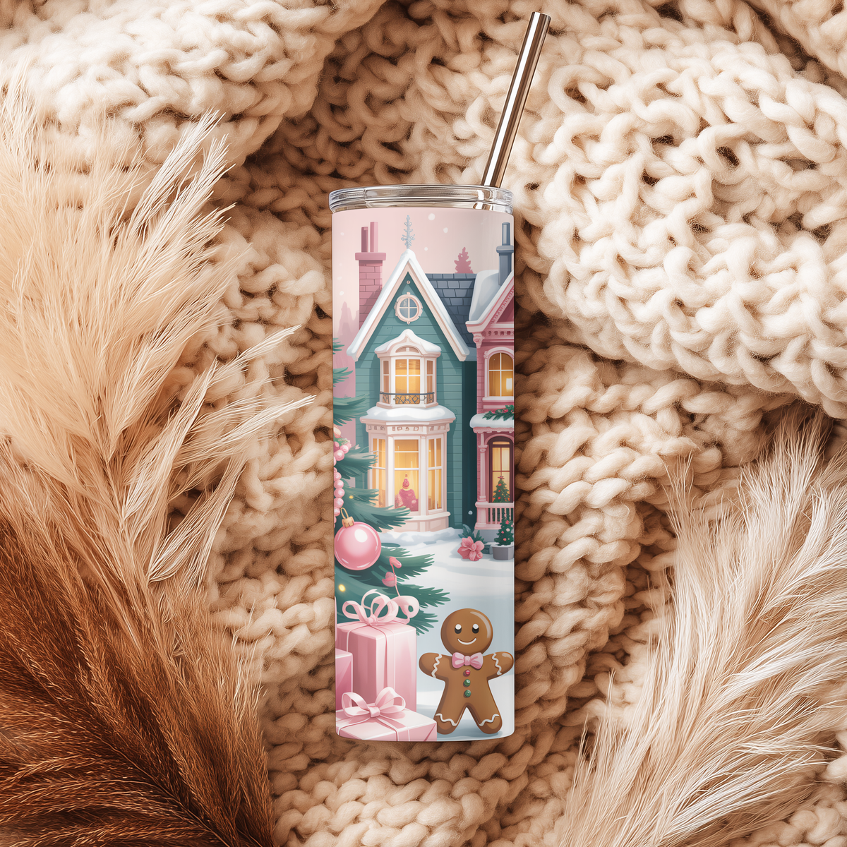 Pink Christmas Village & Gingerbread 20oz Skinny Tumbler