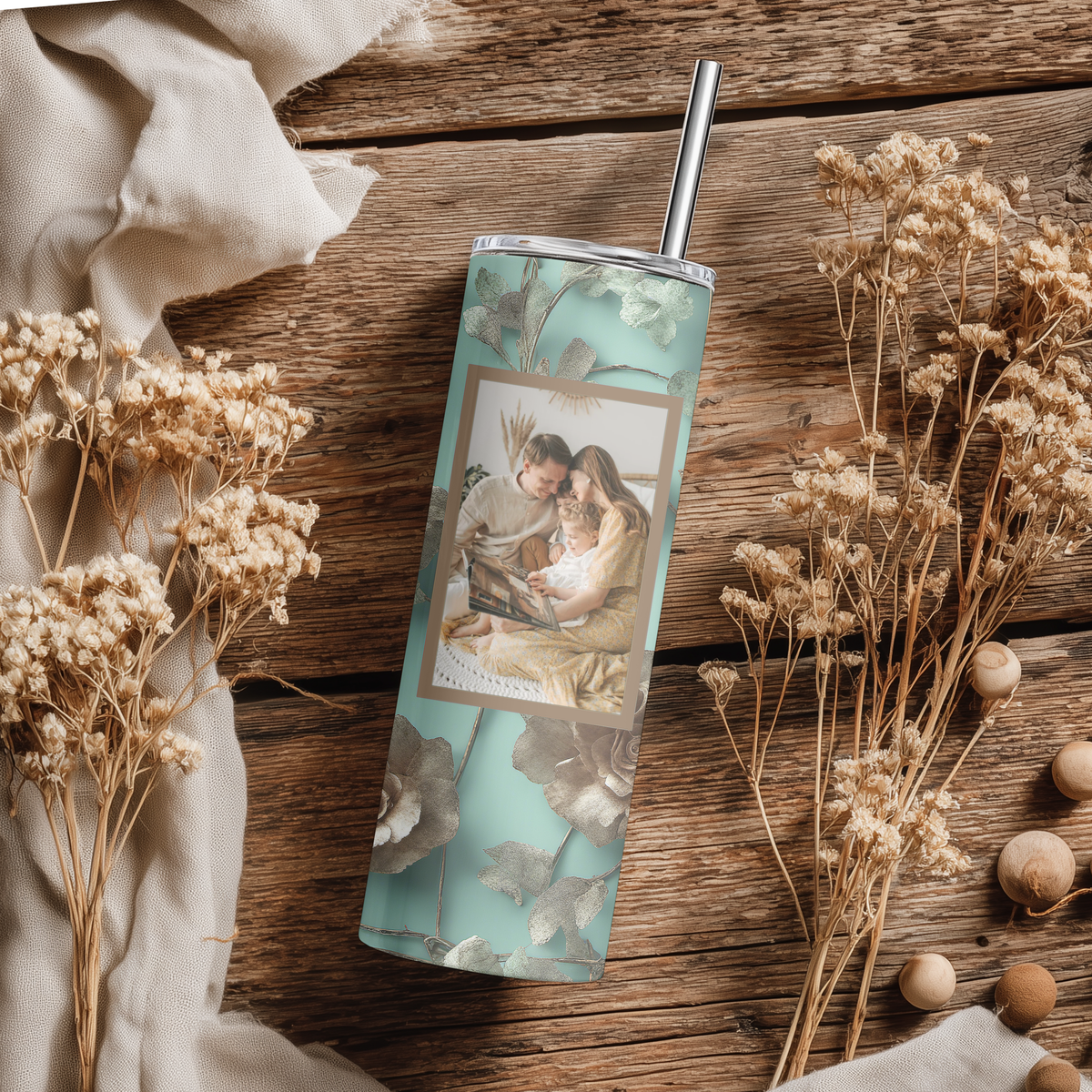 Personalized Photo Custom Vintage Teal & 3D Gold Floral Photo Collage Tumbler