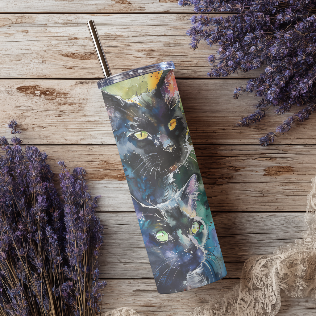 Watercolor Black Cat Abstract 20oz Skinny Tumbler