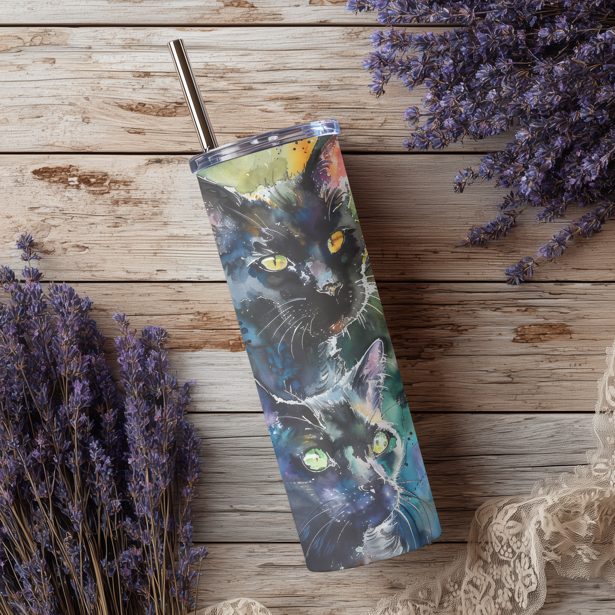 Watercolor Black Cat Abstract 20oz Skinny Tumbler