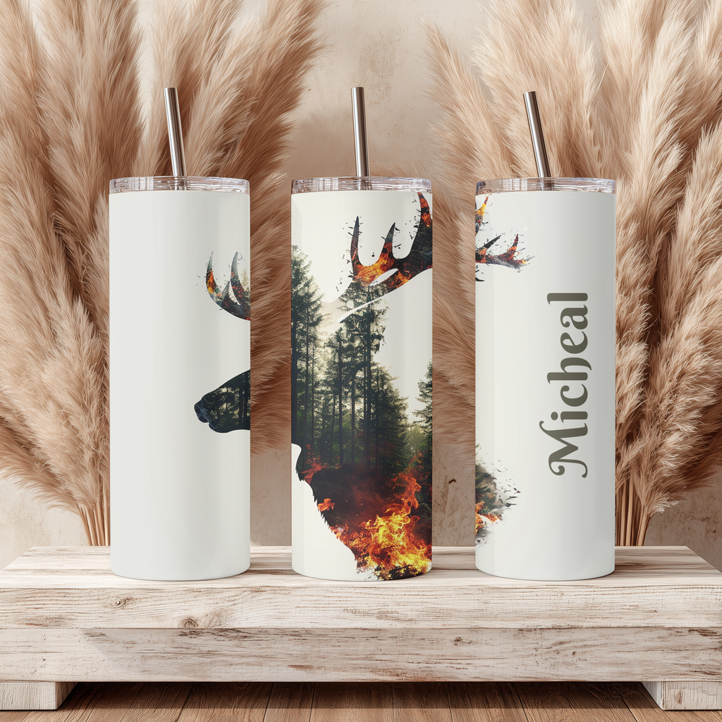 Personalized Watercolor Forest Fire Elk Silhouette Tumbler