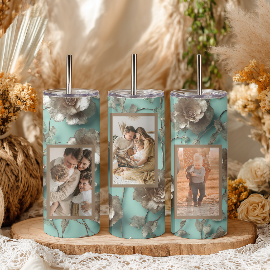 Personalized Photo Custom Vintage Teal & 3D Gold Floral Photo Collage Tumbler