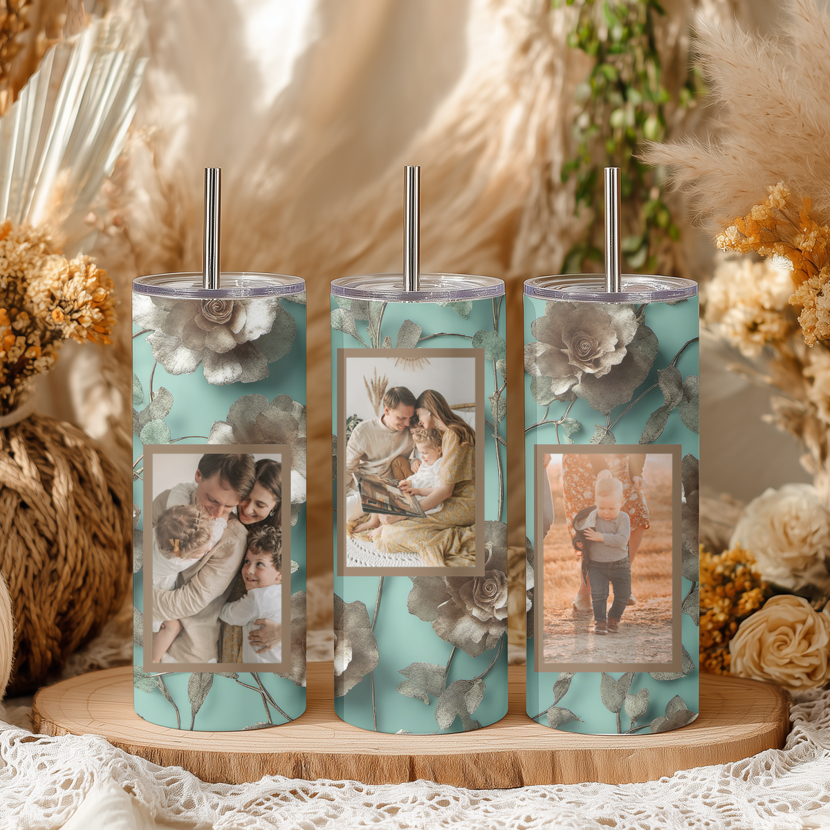 Personalized Photo Custom Vintage Teal & 3D Gold Floral Photo Collage Tumbler