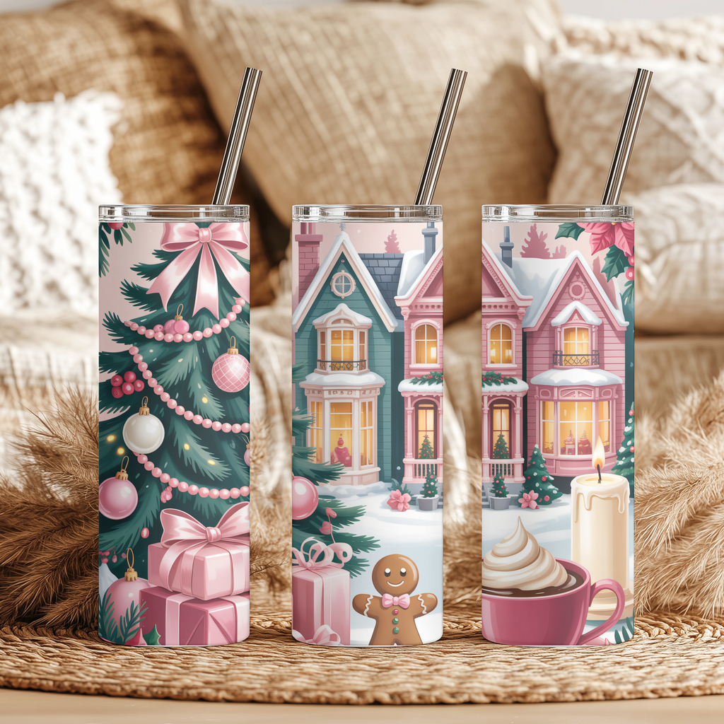 Pink Christmas Village & Gingerbread 20oz Skinny Tumbler