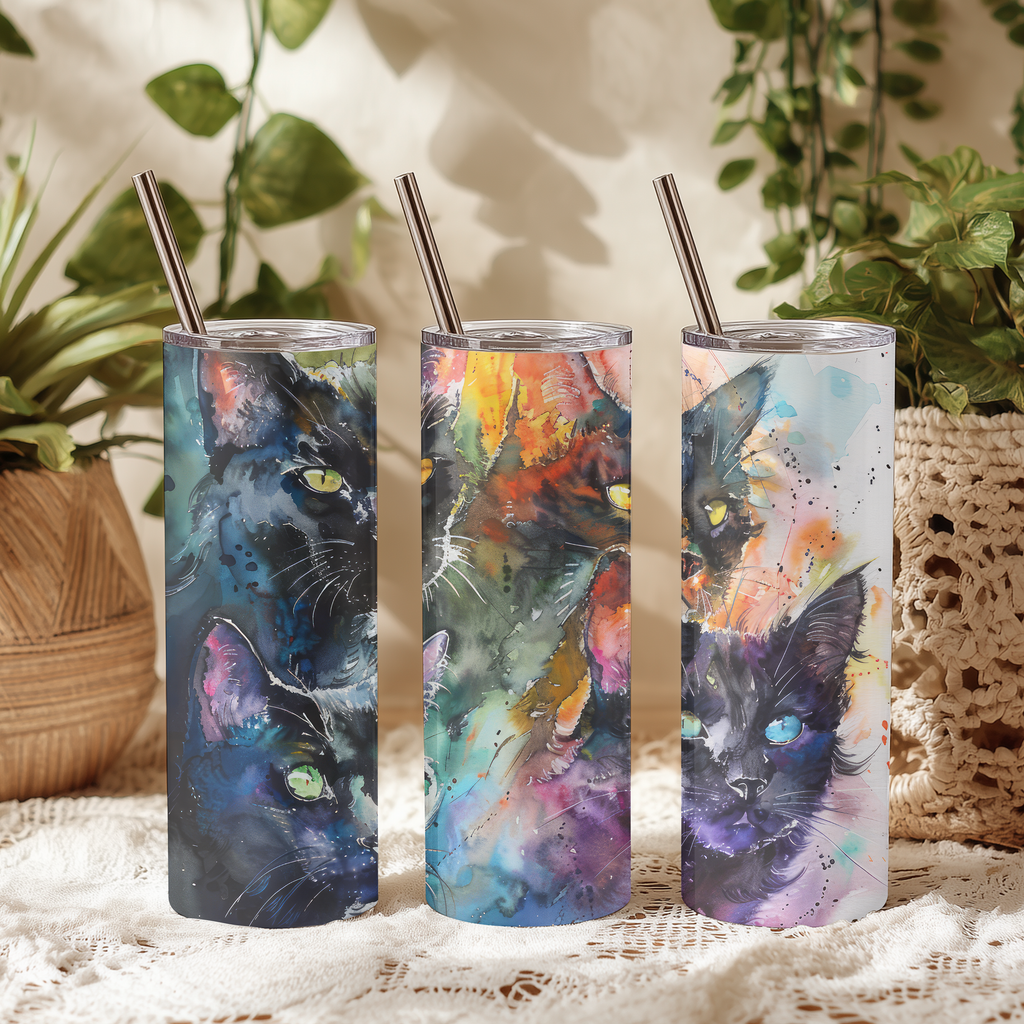 Watercolor Black Cat Abstract 20oz Skinny Tumbler