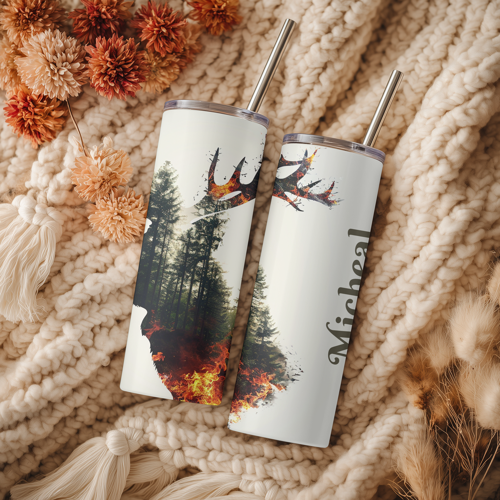 Personalized Watercolor Forest Fire Elk Silhouette Tumbler