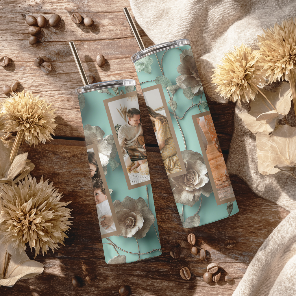 Personalized Photo Custom Vintage Teal & 3D Gold Floral Photo Collage Tumbler