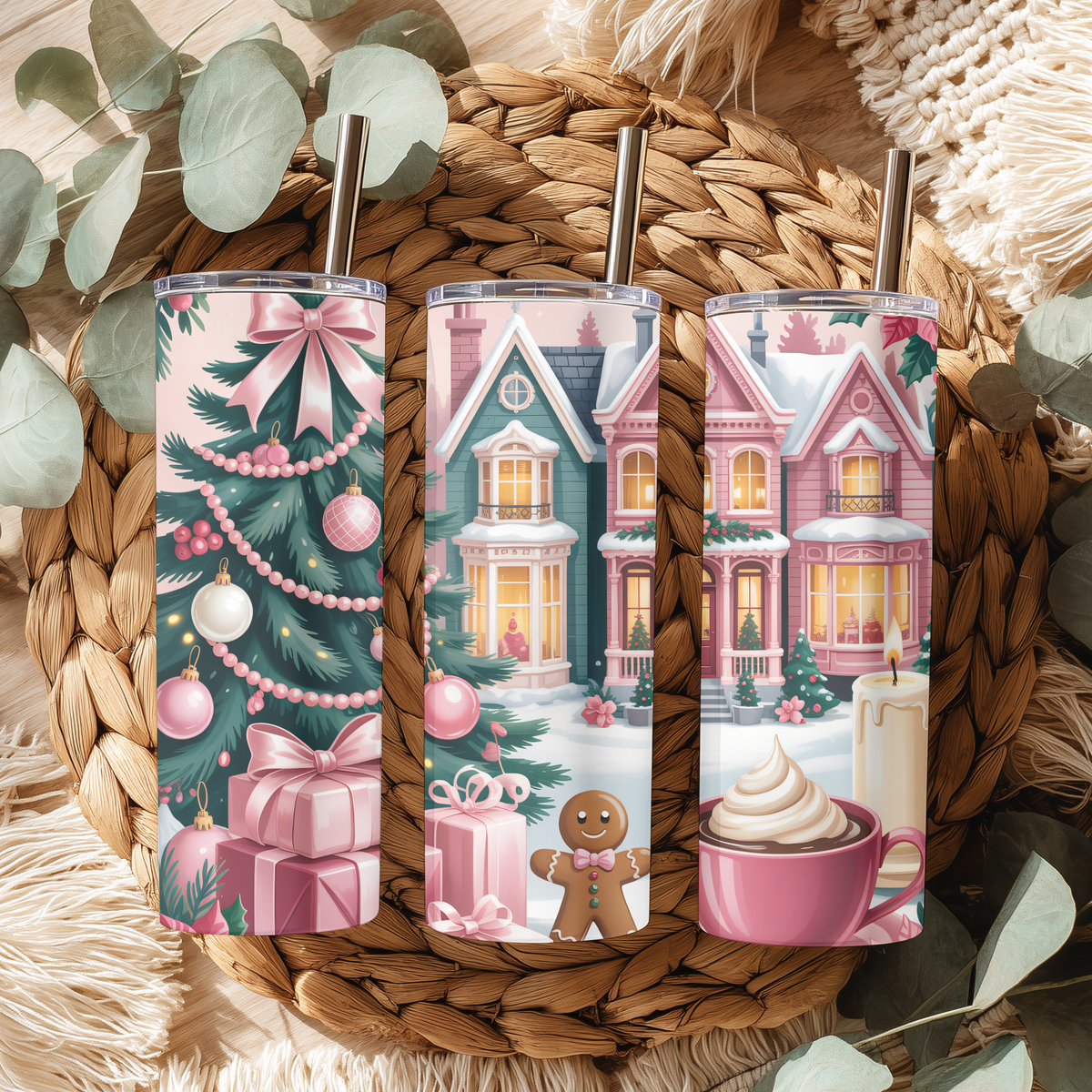 Pink Christmas Village & Gingerbread 20oz Skinny Tumbler