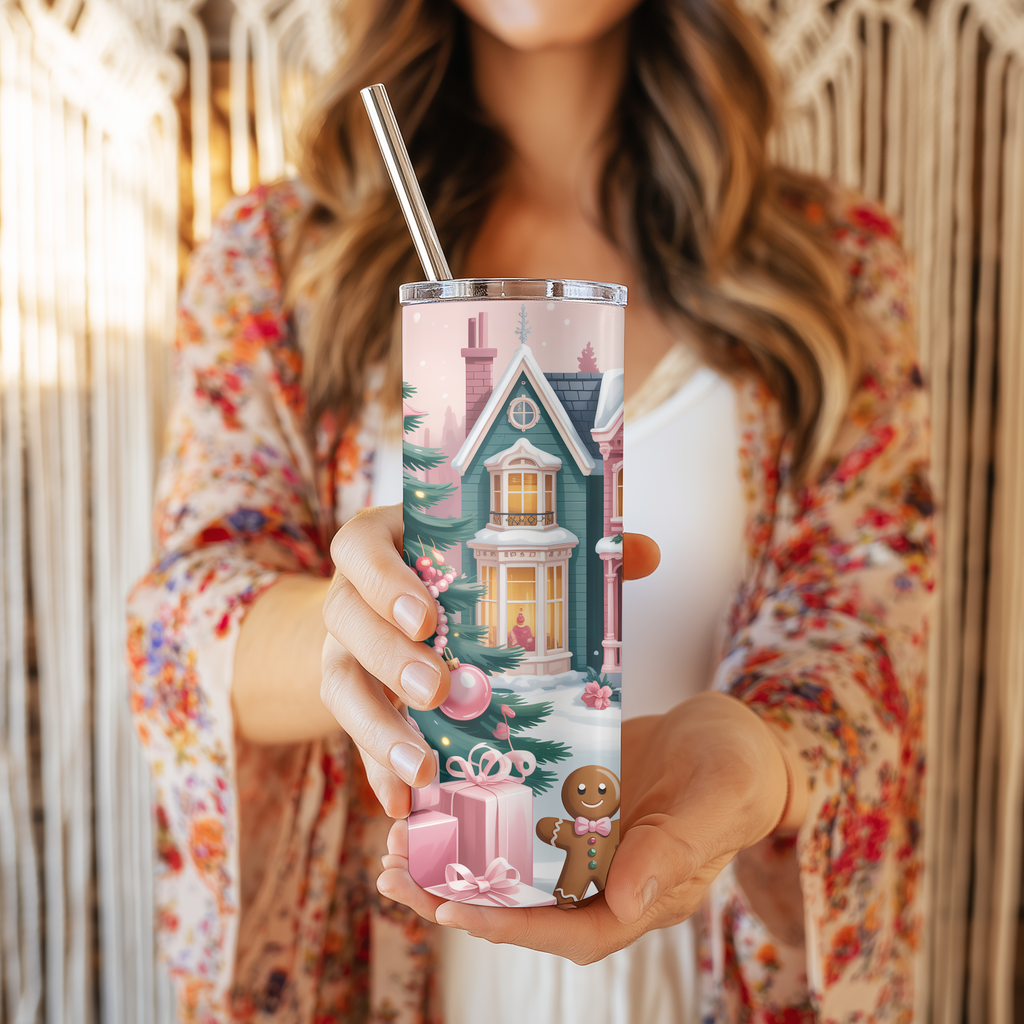 Pink Christmas Village & Gingerbread 20oz Skinny Tumbler