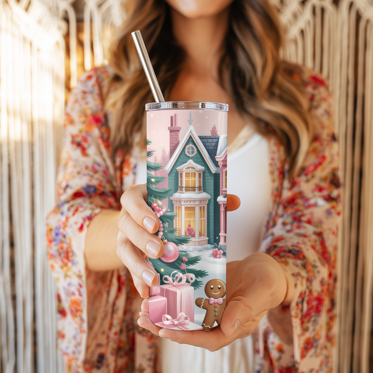 Pink Christmas Village & Gingerbread 20oz Skinny Tumbler