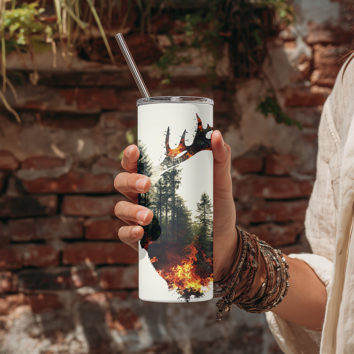 Personalized Watercolor Forest Fire Elk Silhouette Tumbler