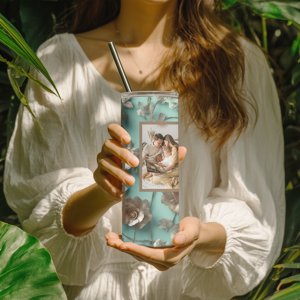 Personalized Photo Custom Vintage Teal & 3D Gold Floral Photo Collage Tumbler