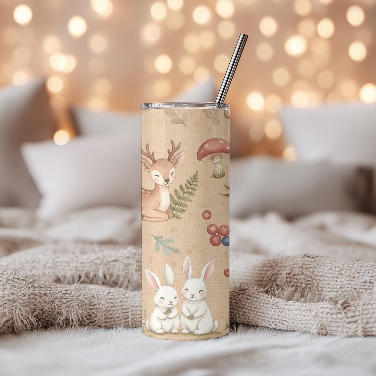 Watercolor Woodland Creatures Burlap Print 20oz Skinny Tumbler