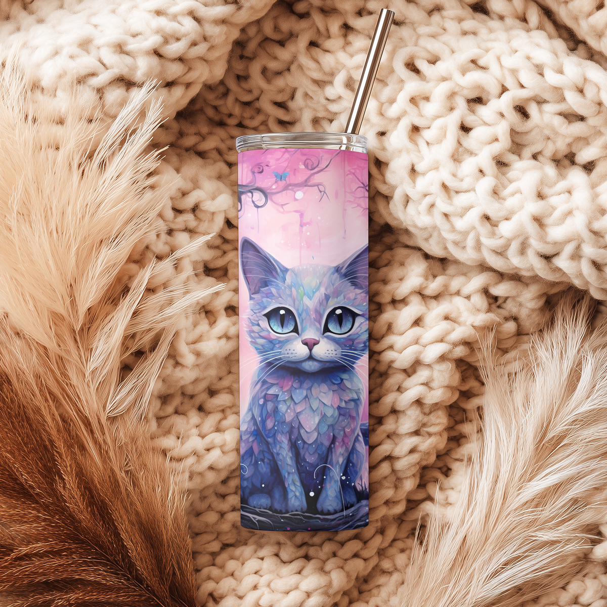 Whimsical Mosaic Fantasy Cat 20oz Skinny Tumbler