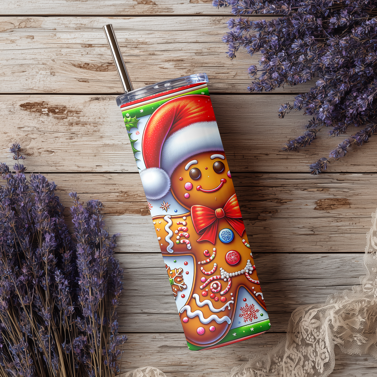 Vibrant Santa Gingerbread Man 20oz Skinny Tumbler