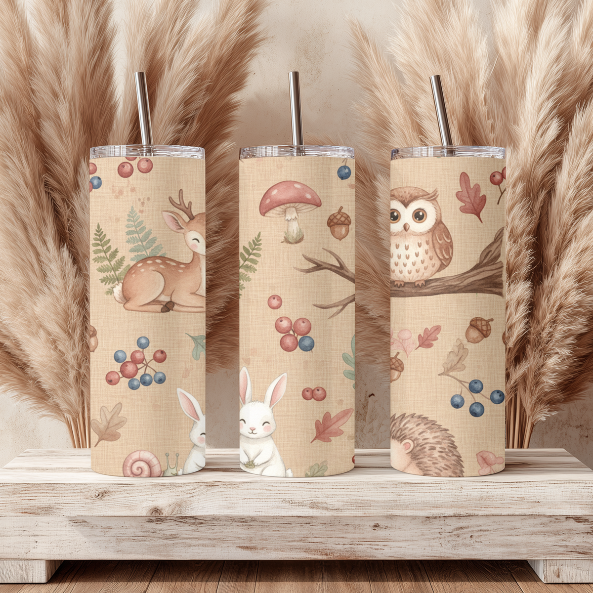 Watercolor Woodland Creatures Burlap Print 20oz Skinny Tumbler