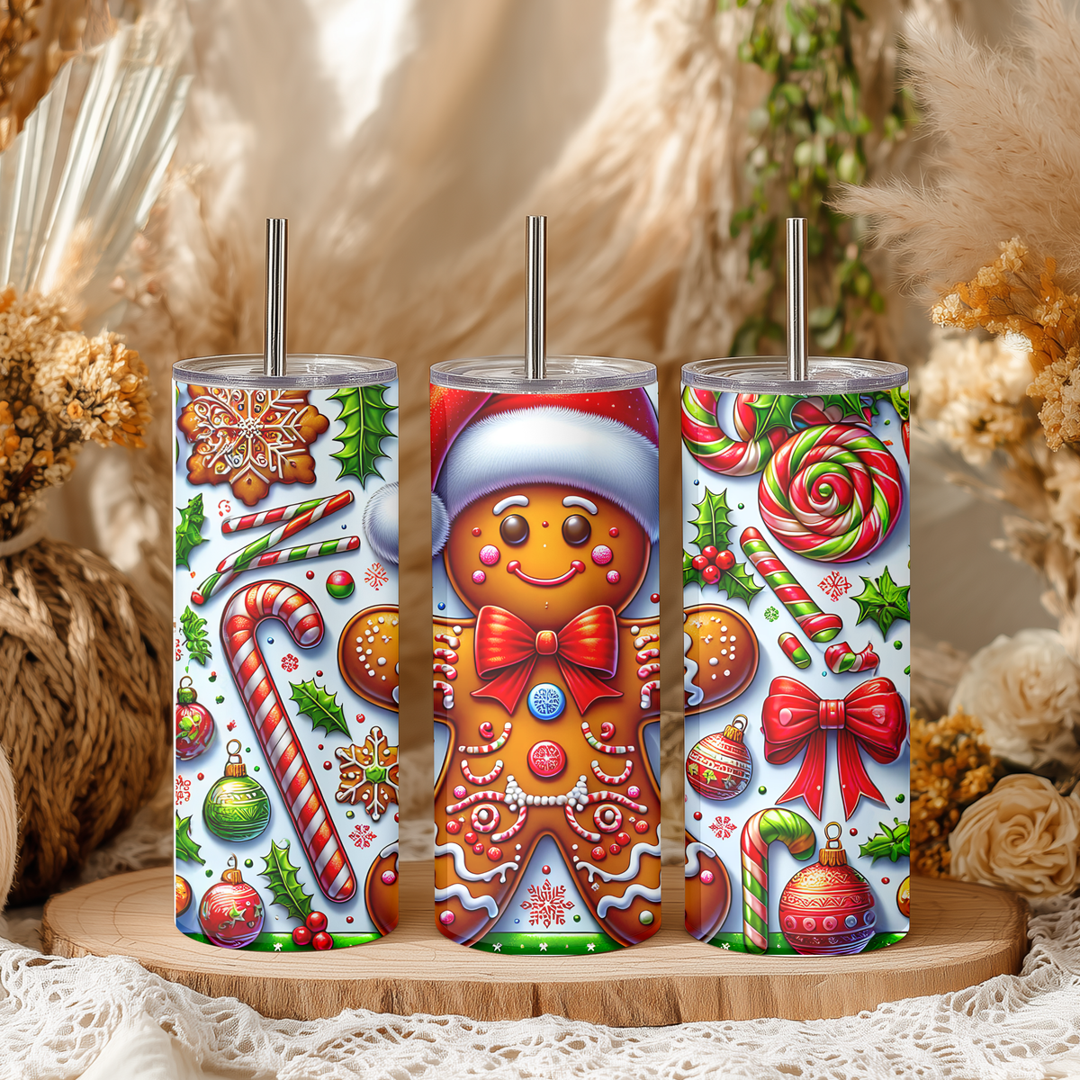 Vibrant Santa Gingerbread Man 20oz Skinny Tumbler