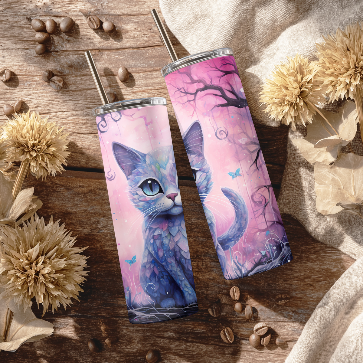 Whimsical Mosaic Fantasy Cat 20oz Skinny Tumbler