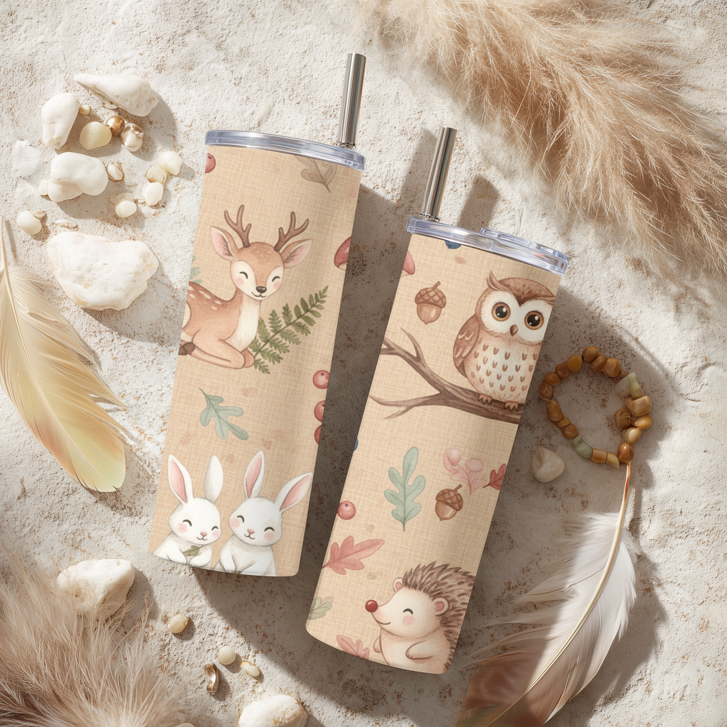 Watercolor Woodland Creatures Burlap Print 20oz Skinny Tumbler